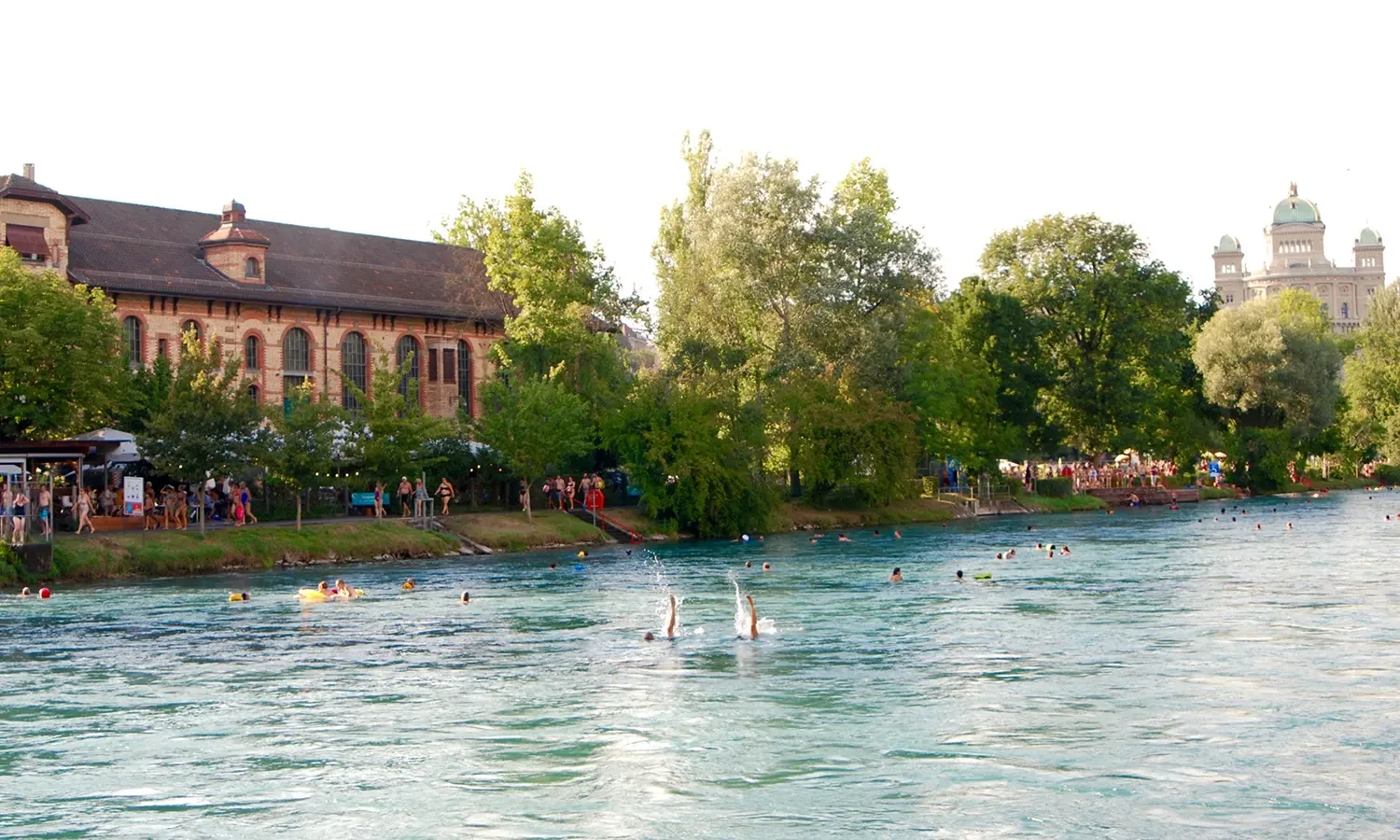 Photo from people swimming in the Aare river in Berne, near Marzili